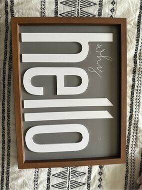 WOODEN FRAMED 'HELLO' WALL SIGN - WHITE LETTERS ON GRAY